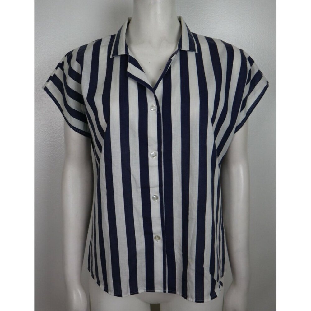 Vintage Queen of Hearts Women's Top Size Small Blue & White Striped Button Up